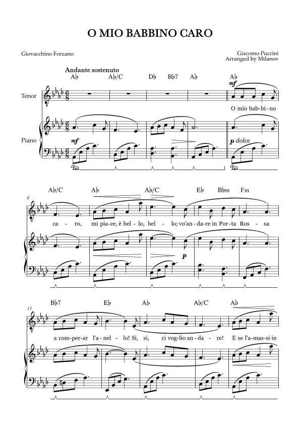 O Mio Babbino Caro | Male Voice Tenor | A-flat Major | Piano accompaniment | Pedal | Chords (arr. Milanov)