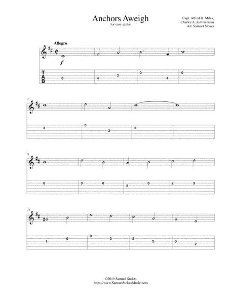 Anchors Aweigh (The song of the Navy) - for easy guitar with TAB (arr. Samuel Stokes)