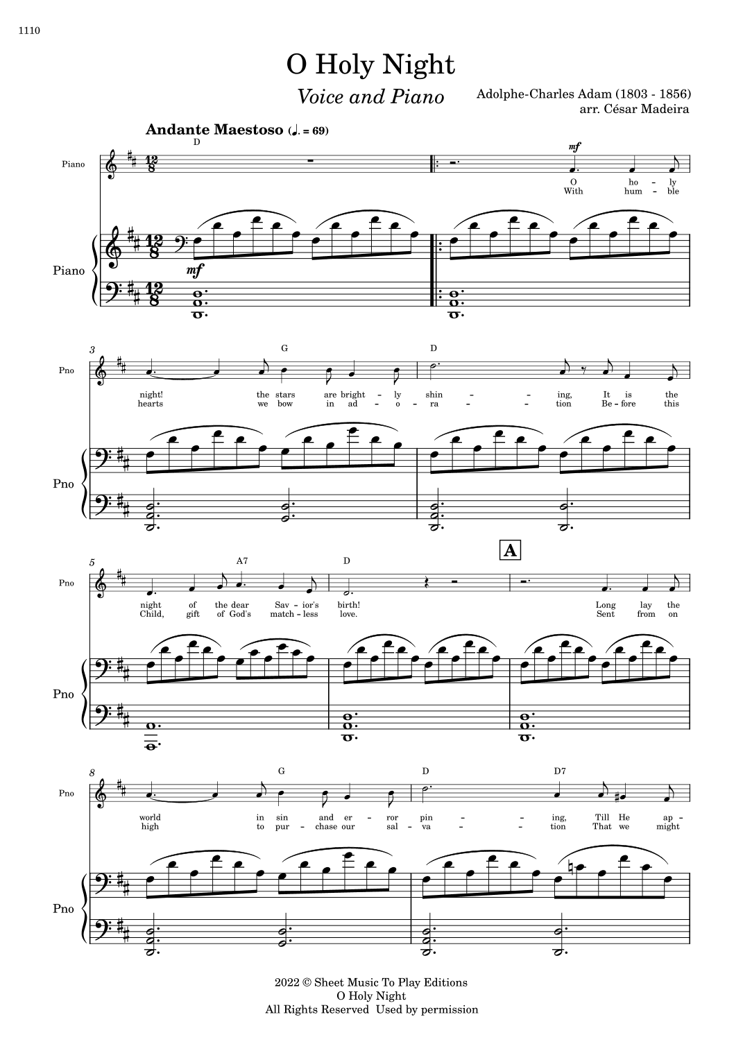 O Holy Night - Voice and Piano - D Major - W/Chords (Full Score and Parts) (arr. César Madeira)
