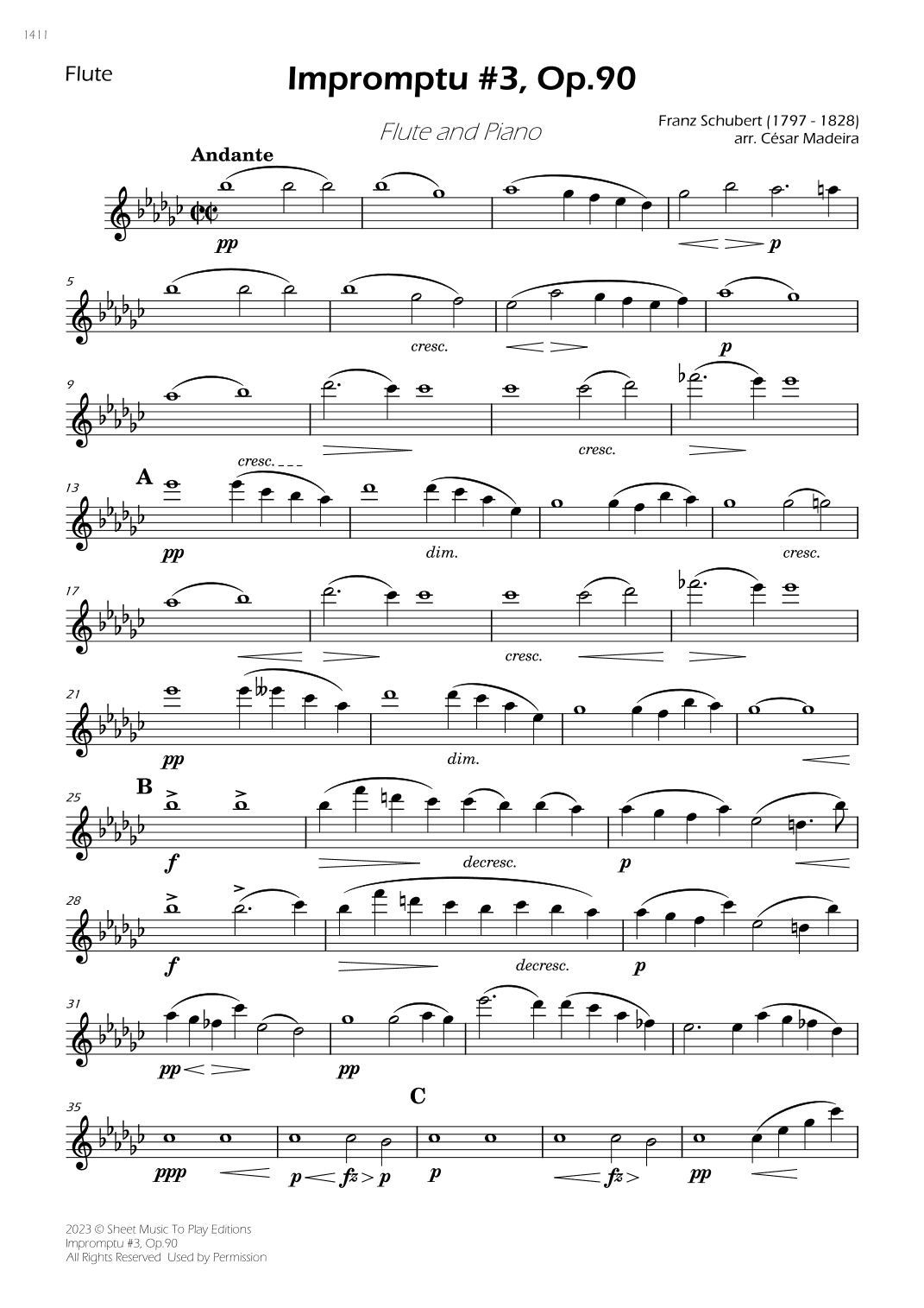 Impromptu No.3, Op.90 - Flute and Piano (Individual Parts) (arr. César Madeira)