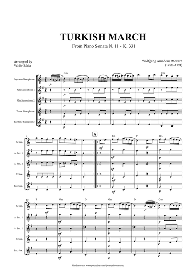 Turkish March - Saxophone Quintet + CHORDS (arr. Valdir Maia)