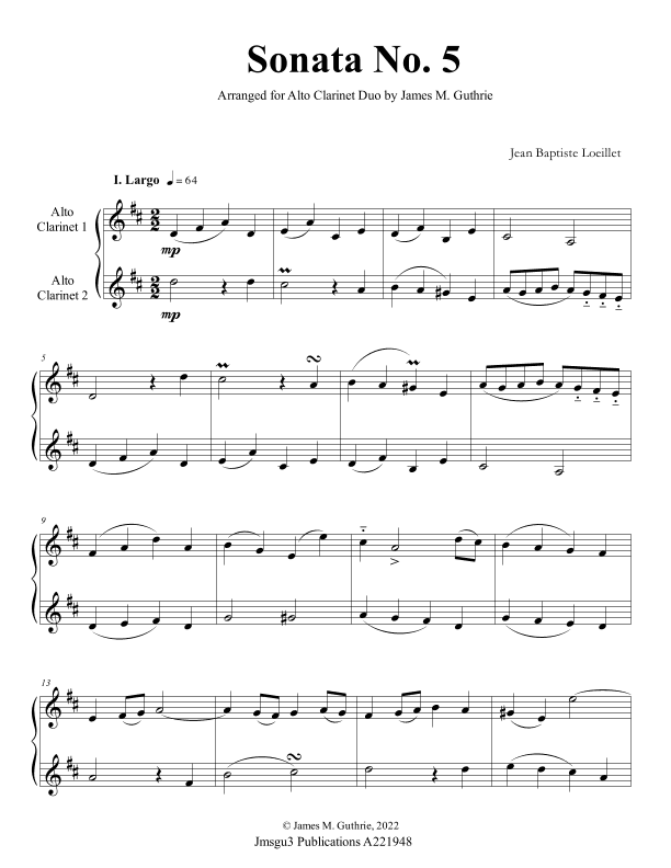 Loeillet: Sonata No. 5 for Alto Clarinet Duo (arr. James M. Guthrie)