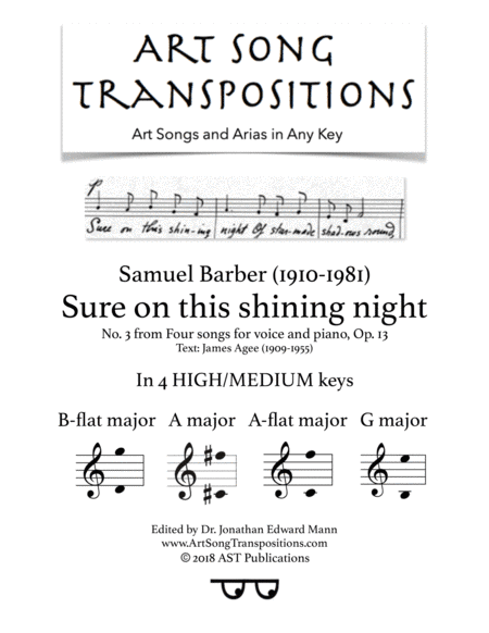 Sure On This Shining Night, Op. 13, No. 13 (arr. ArtSongTranspositions.com)