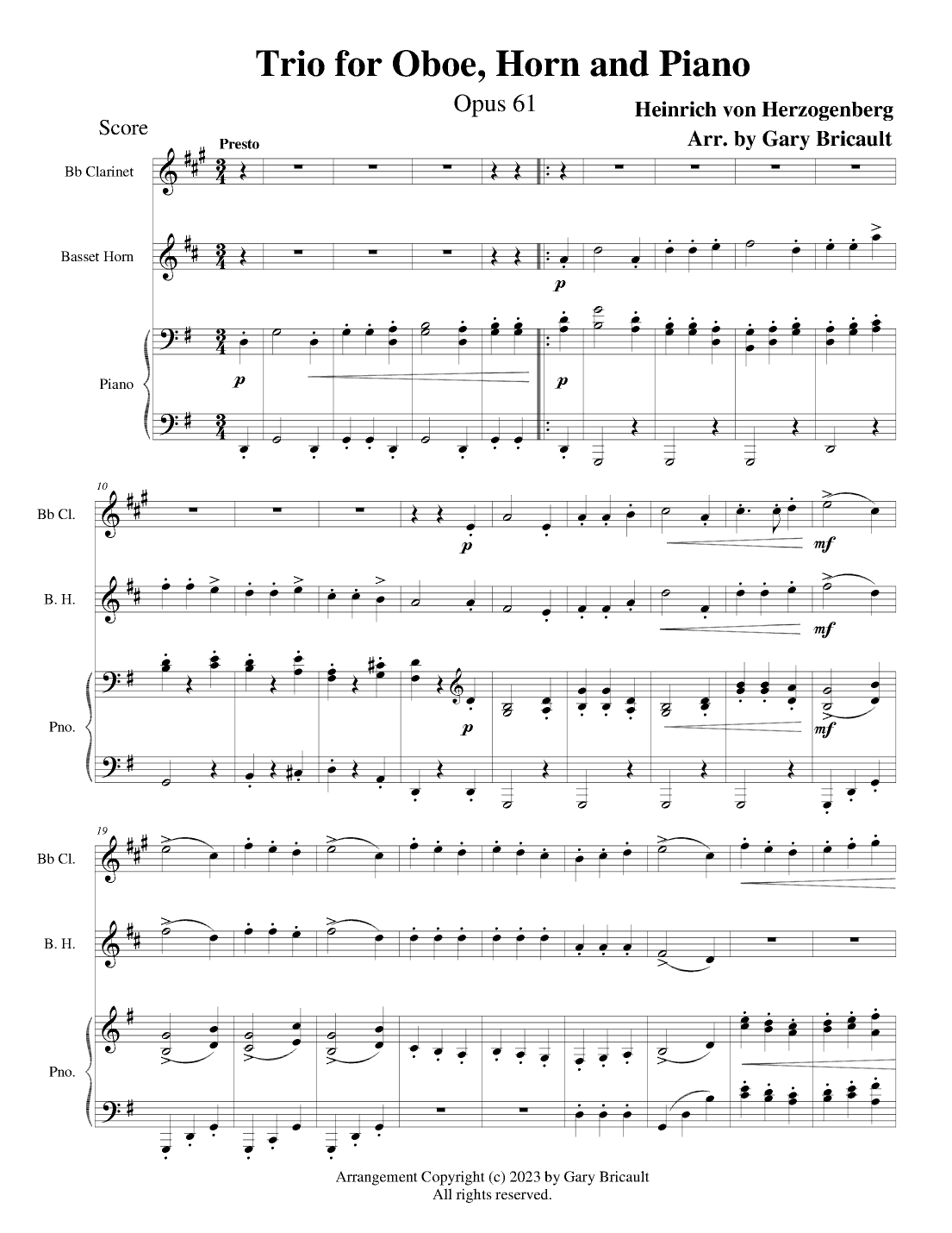 Trio for Oboe, Horn and Piano - Opus 61 - Presto (arr. Gary Bricault)