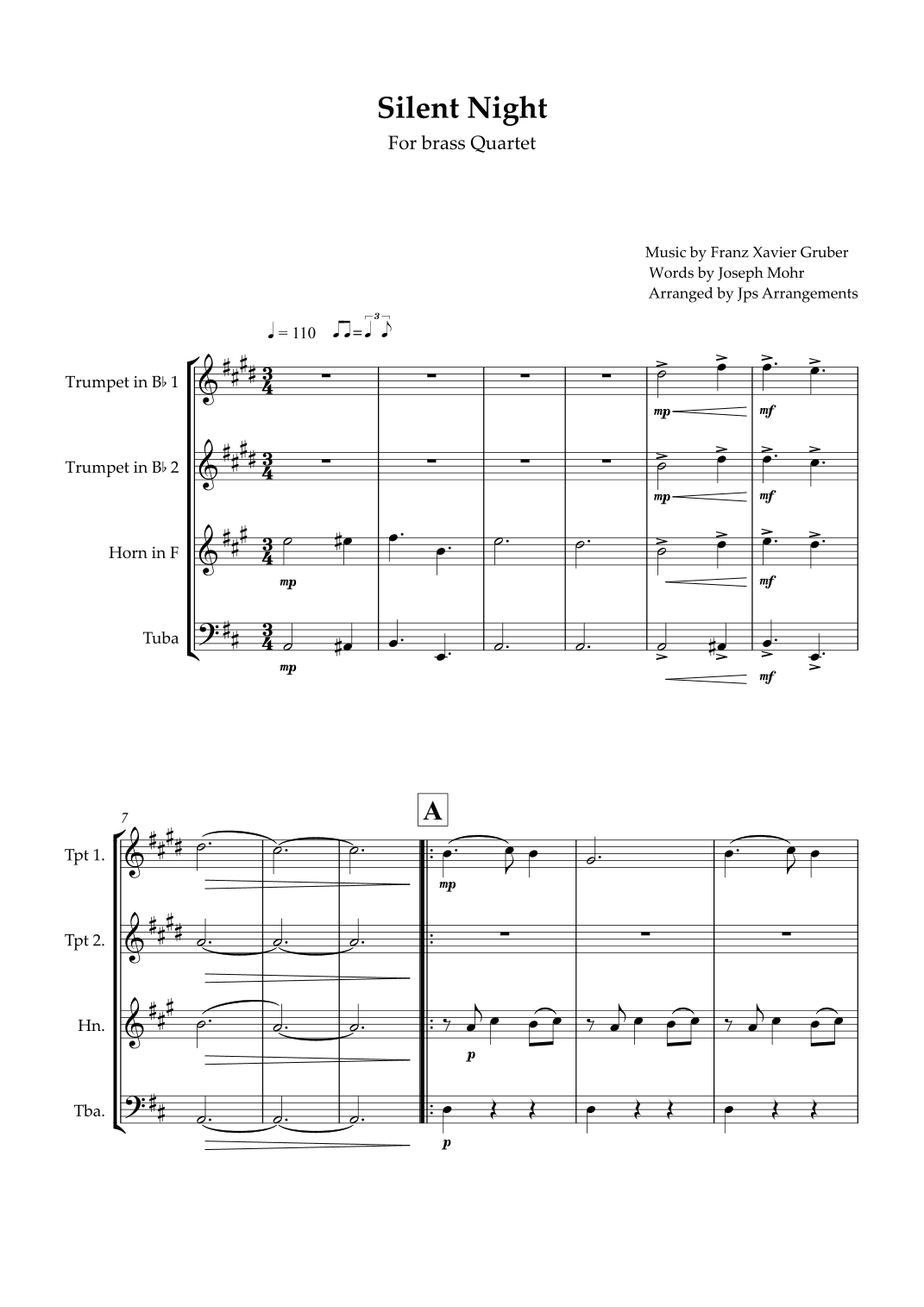 Silent Night For Brass Quartet in D Major (arr. Jps Arrangements)