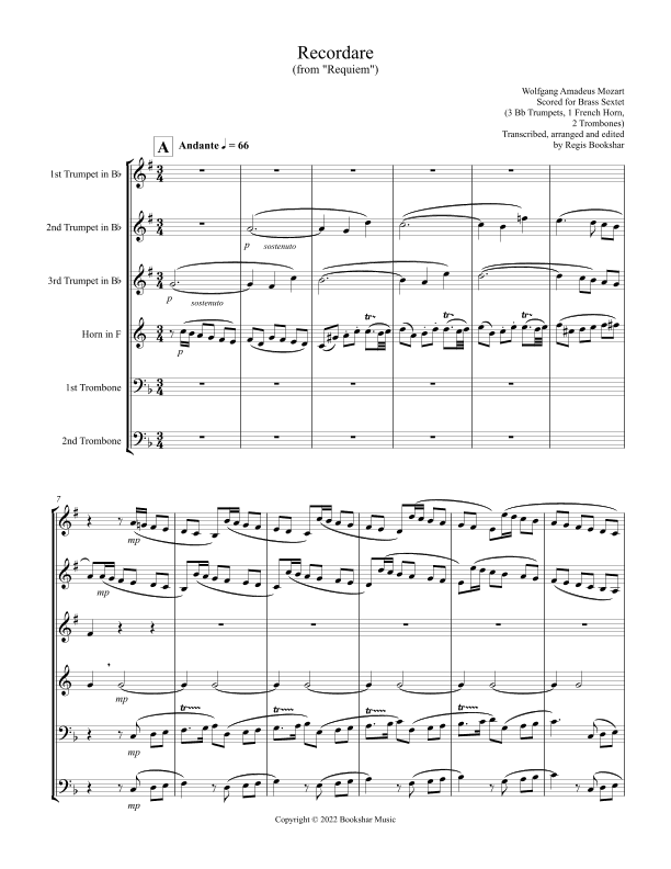 Recordare (from "Requiem") (F) (Brass Sextet - 3 Trp, 1 Hrn, 2 Trb) (arr. Regis Bookshar)