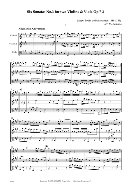 Six Sonatas No.3 for two Violins & Viola Op.7-3 (arr. Mikio Kamada)