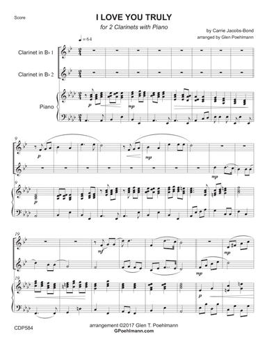 I LOVE YOU TRULY - CLARINET DUET with Piano Accompaniment (arr. Glen Poehlmann)