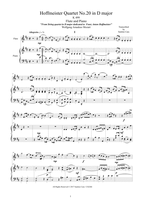 Mozart – Hoffmeister Quartet No.20 in D major K499 for Flute and Piano - Score and Part (arr. Santino Cara)