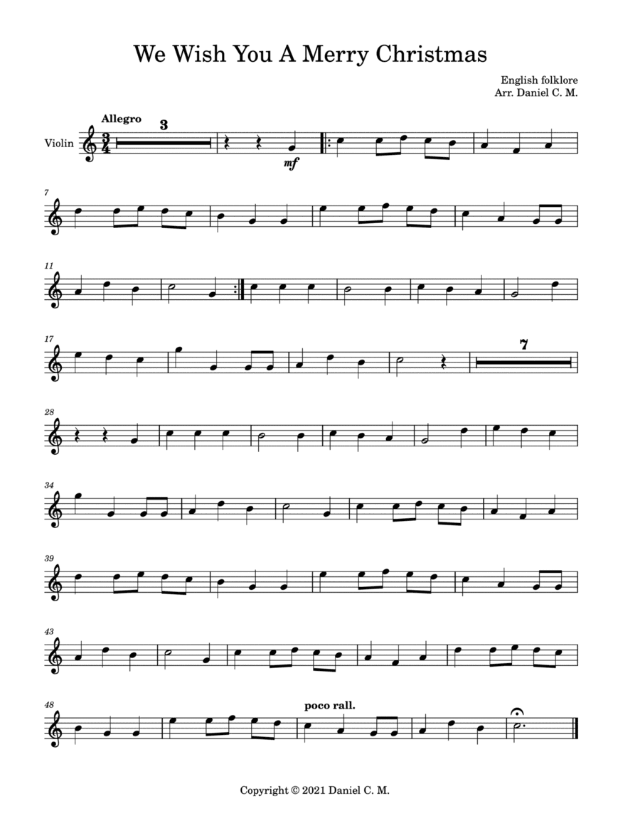We Wish You A Merry Christmas for violin and piano (easy) (arr. Daniel C. M.)