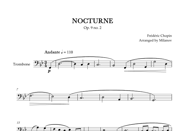 Chopin Nocturne op. 9 no. 2 | Trombone | B-flat Major | Easy beginner (arr. Milanov)
