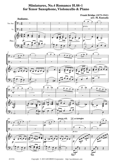 Miniatures, No.4 Romance H.88-1 for tenor saxophone, violoncello & Piano (arr. Mikio Kamada)