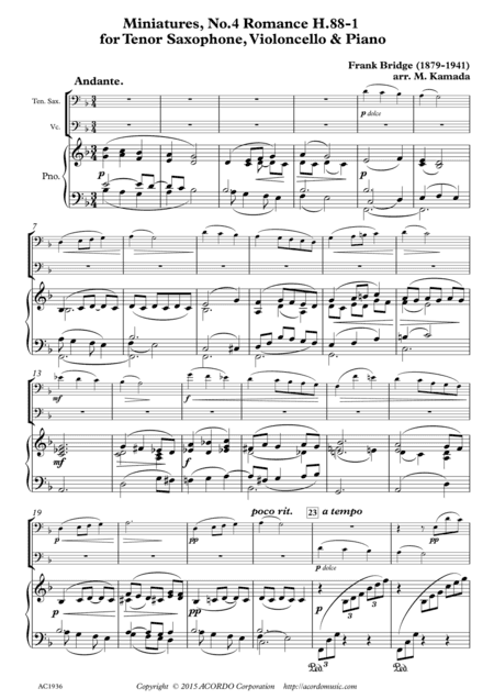 Miniatures, No.4 Romance H.88-1 for tenor saxophone, violoncello & Piano (arr. Mikio Kamada)