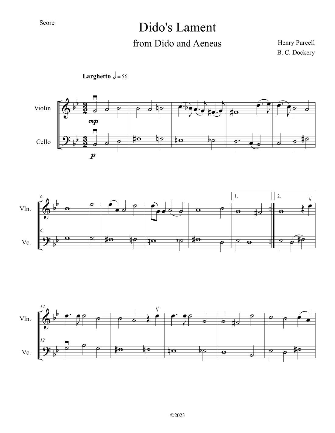 Dido's Lament (Violin and Cello Duet) (arr. B. C. Dockery)