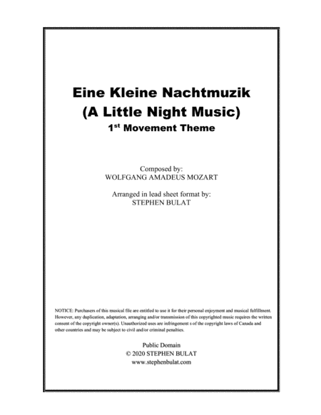 Eine Kleine Nachtmusik (Mozart) - Lead sheet (key of D) (arr. Stephen Bulat)