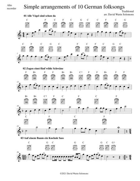 10 Volkslieder - Simple arrangements of 10 German folk songs (alto recorder and guitar chords) (arr. David Warin Solomons)