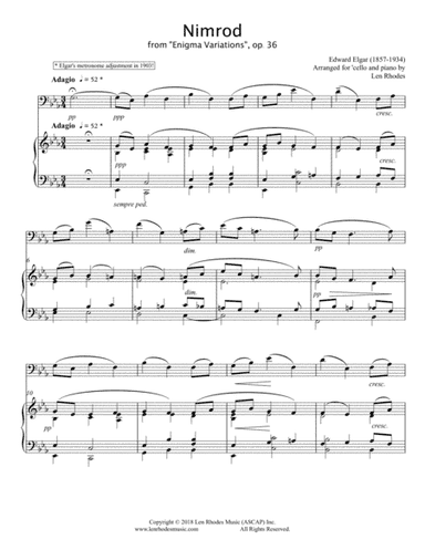 Elgar - Nimrod from 'Enigma Variations', arranged for 'Cello and Piano (arr. Len Rhodes)