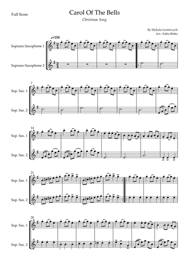 Carol Of The Bells (Christmas Song) for Soprano Saxophone Duo (D Minor) (arr. Fabio Britto)