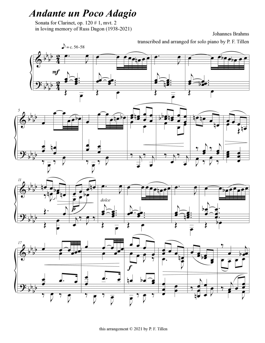 Andante un Poco Adagio- from Sonata for Clarinet, op. 120 # 1, mvt. 2 (arr. transcribed and arranged by P. F. Tillen)