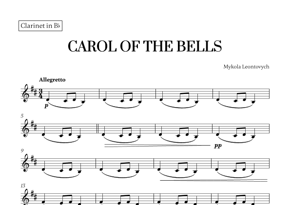 Carol of the Bells (Very Easy/Beginner) - A minor (for Clarinet) (arr. Cadenza Editions)