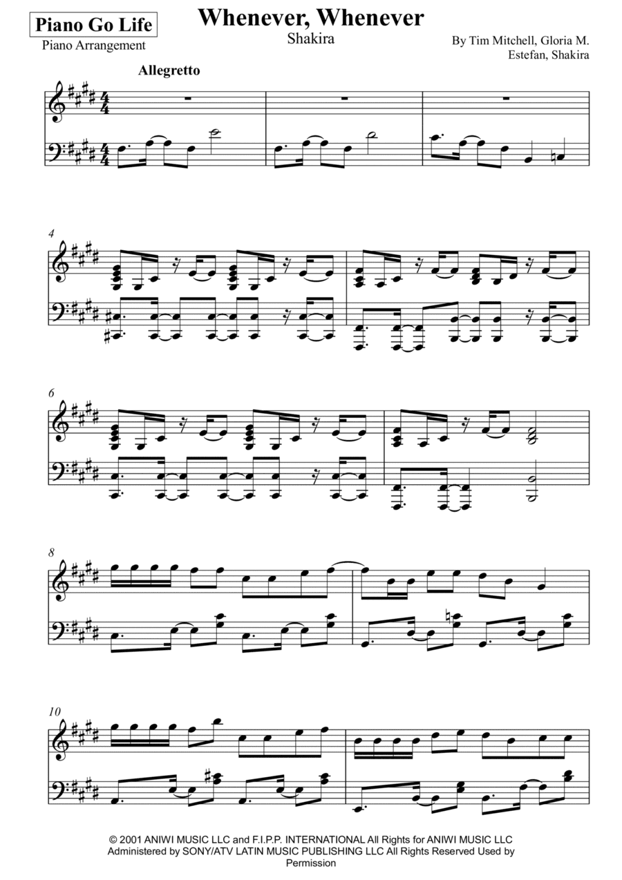 Whenever, Wherever (arr. Piano Go Life)