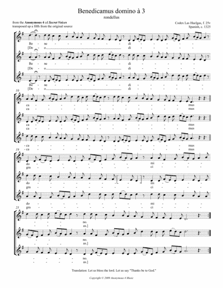 Benedicamus domino a3 from the Anonymous 4 album "Secret Voices"  - Score Only (arr. Transcribed and edited by Susan Hellauer)