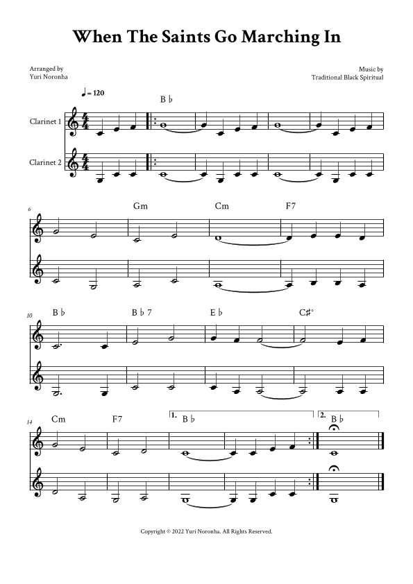 When The Saints Go Marching In - For Clarinet Duet (with Chords) (arr. Yuri Noronha)