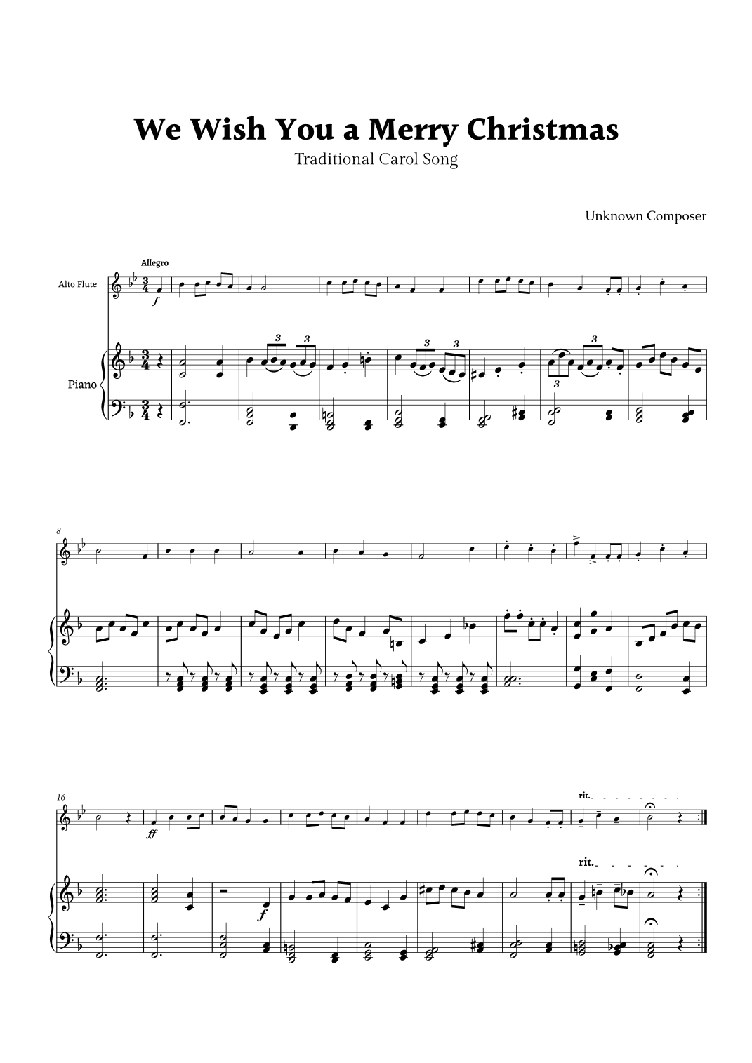 We Wish you a Merry Christmas for Alto Flute and Piano (arr. Rika K.)