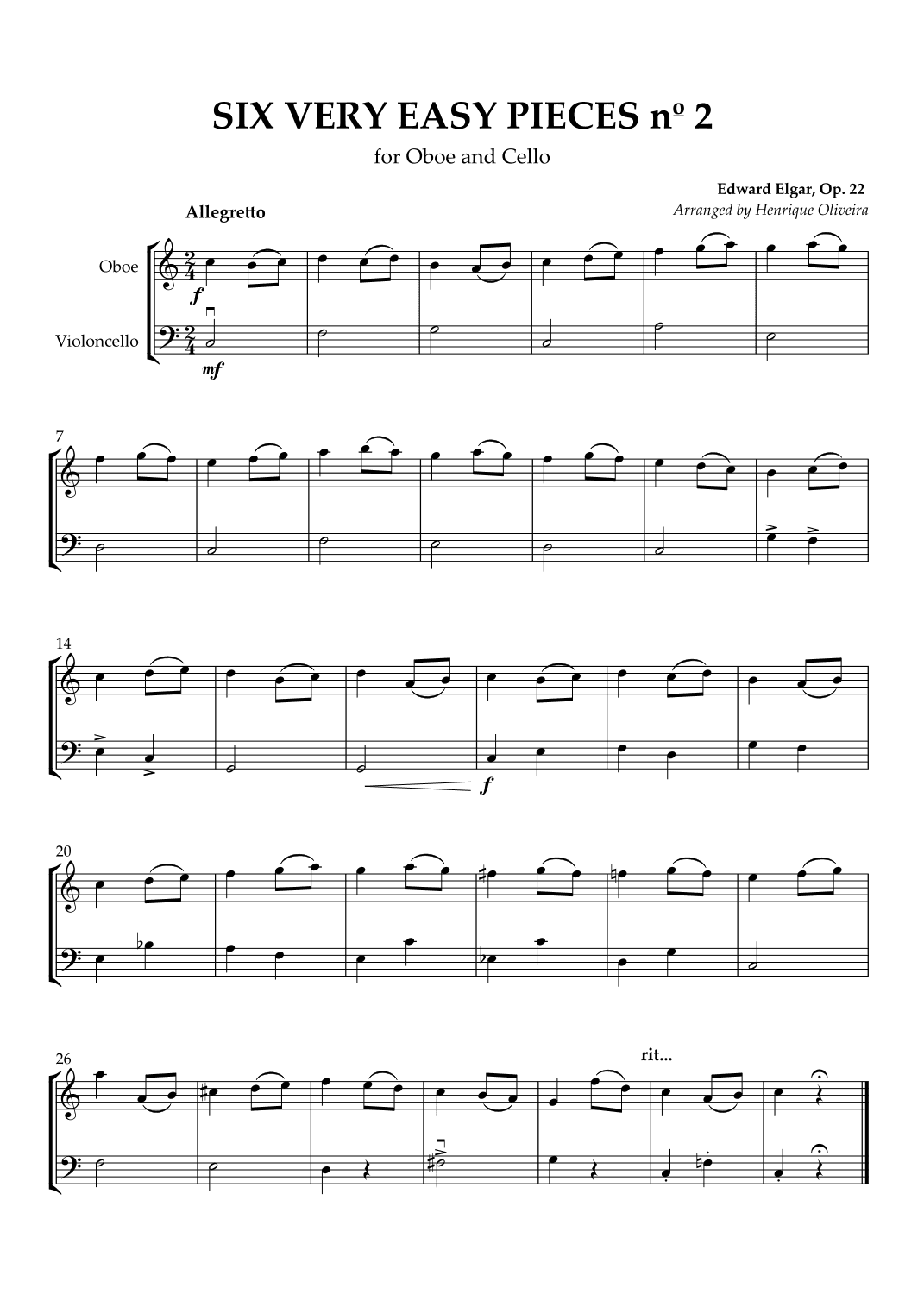 Six Very Easy Pieces nº 2 (Allegretto) - Oboe and Cello (arr. Henrique Oliveira)