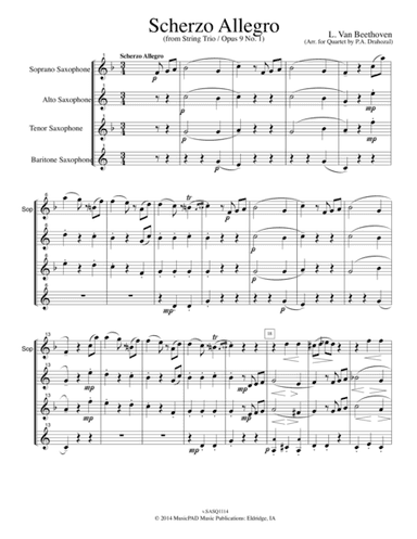 Scherzo Allegro (From String Trio Opus 9 No. 1) by L. Van Beethoven (for mixed saxophone quartet) (arr. Peter A. Drahozal)