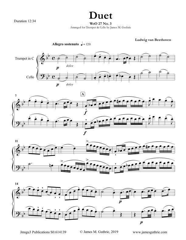 Beethoven: Duet WoO 27 No. 3 for Trumpet & Cello (arr. James M. Guthrie, ASCAP)