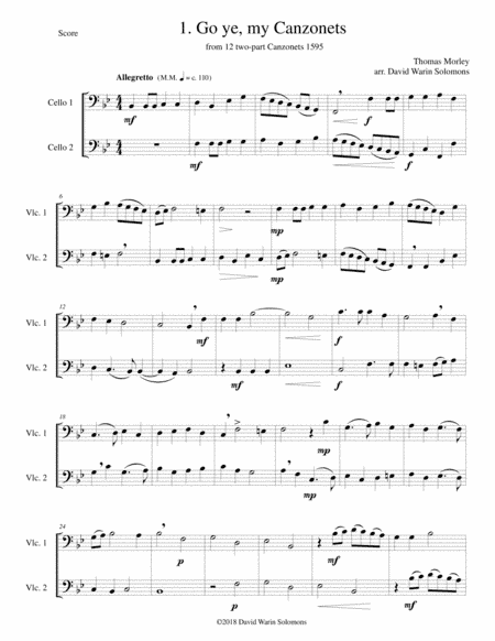 12 easy Canzonets for cello duo (arr. David Warin Solomons)