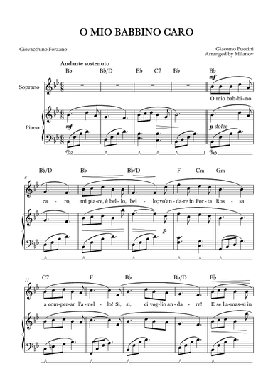 O Mio Babbino Caro | Female Voice Soprano | B-flat Major | Piano accompaniment | Pedal | Chords (arr. Milanov)