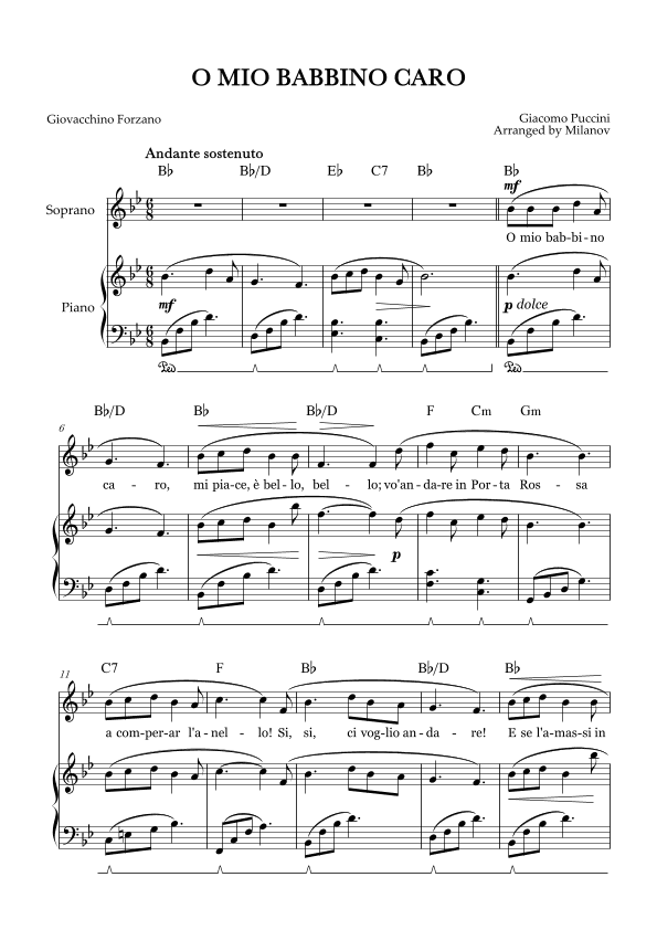 O Mio Babbino Caro | Female Voice Soprano | B-flat Major | Piano accompaniment | Pedal | Chords (arr. Milanov)