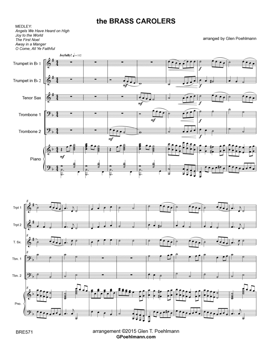 THE BRASS CAROLERS - 2 Trumpets, Tenor Sax & 2 Trombones with Piano (Christmas Carol Medley) (arr. Glen Poehlmann)