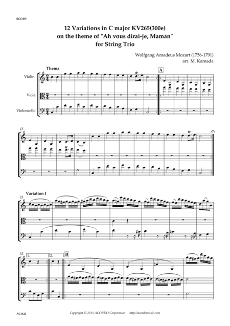 12 Variations in C major KV265(300e) on the theme of "Ah vous dirai-je, Maman" for String Trio (arr. Mikio Kamada)