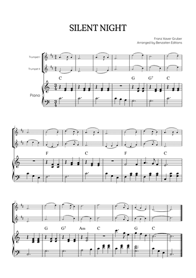 Silent Night for trumpet duet with piano accompaniment • easy Christmas song sheet music (w/ chords) (arr. Benzaiten Editions)