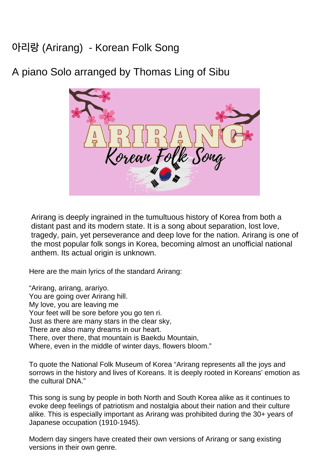 Arirang - Korean folk. Piano solo (arr. Thomas Ling of Sibu)