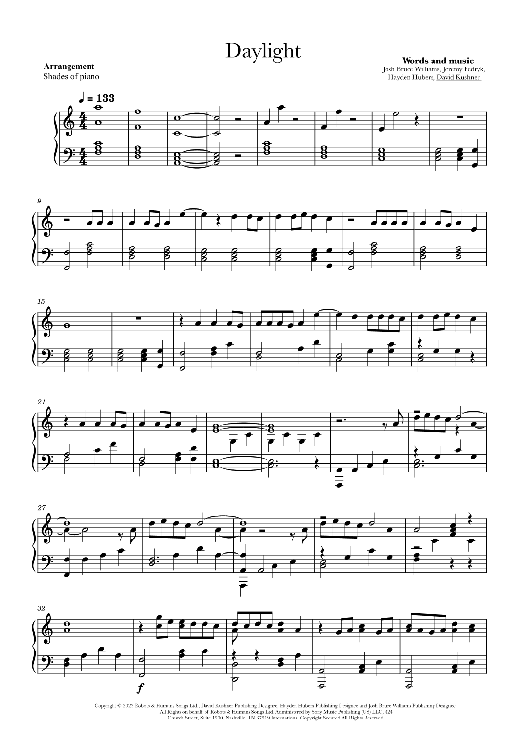 Daylight (arr. Shades of Piano)