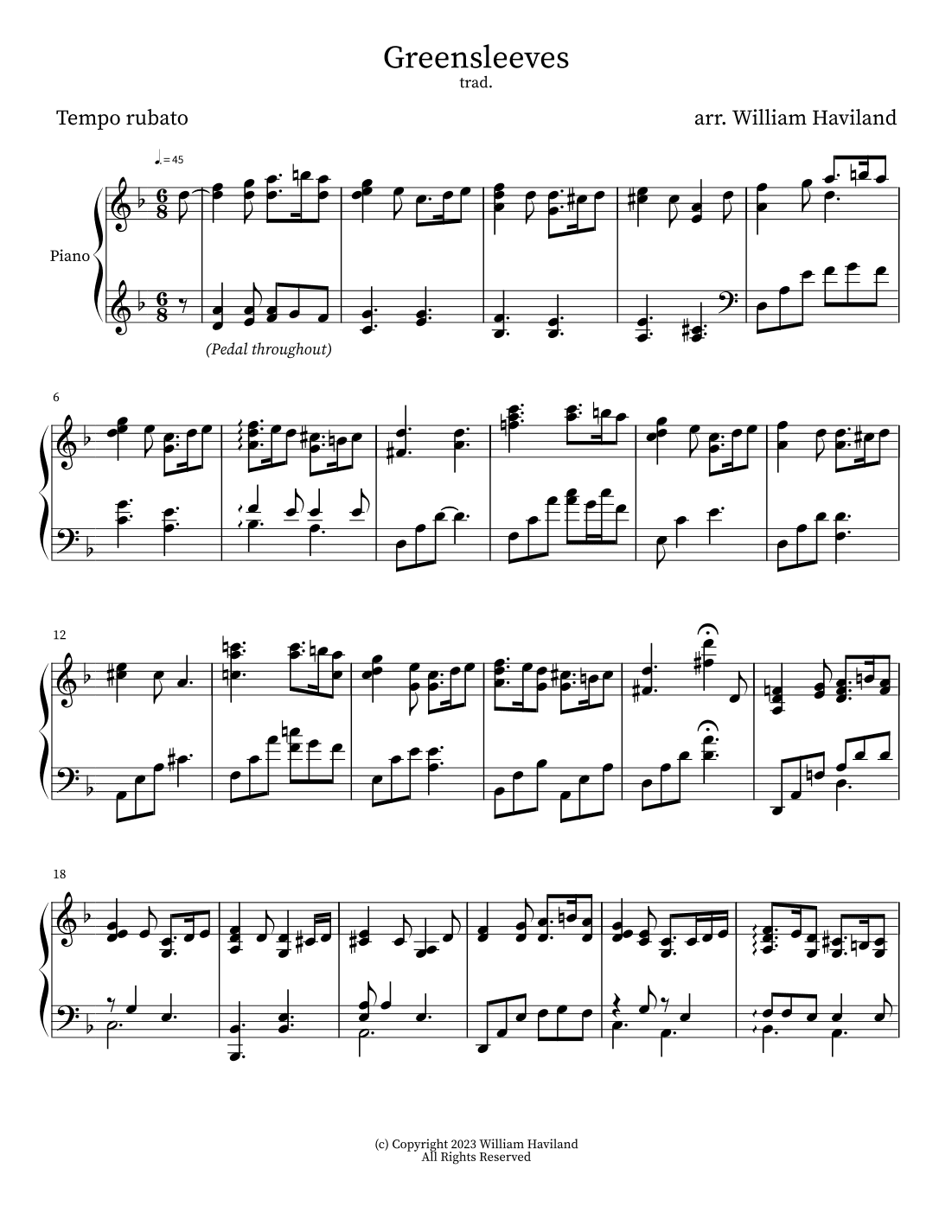 Greensleeves [arr. for solo piano] (arr. William Haviland)