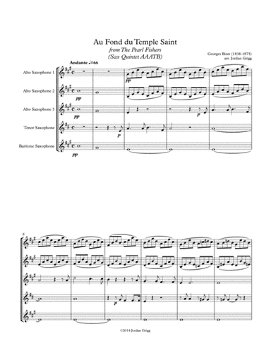 Au Fond du Temple Saint from the The Pearl Fishers (Sax Quintet AAATB) (arr. Jordan Grigg)