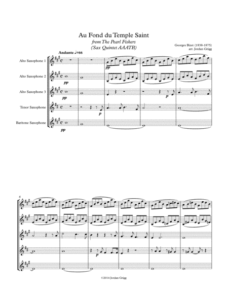 Au Fond du Temple Saint from the The Pearl Fishers (Sax Quintet AAATB) (arr. Jordan Grigg)