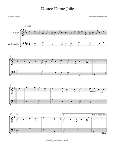 Douce Dame Jolie - Violin and Cello Arrangement (arr. Arezzo Music)