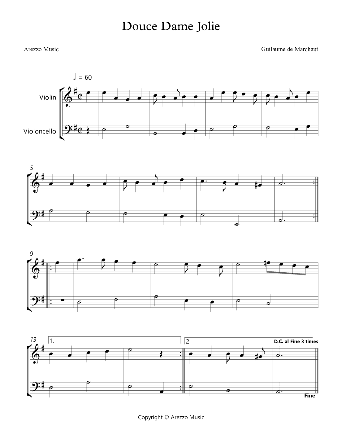 Douce Dame Jolie - Violin and Cello Arrangement (arr. Arezzo Music)