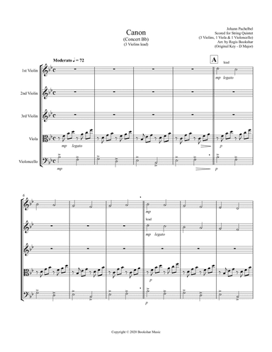 Canon (Pachelbel) (Bb) (String Quintet - 3 Violins, 1 Viola, 1 Cello) (arr. Regis Bookshar)