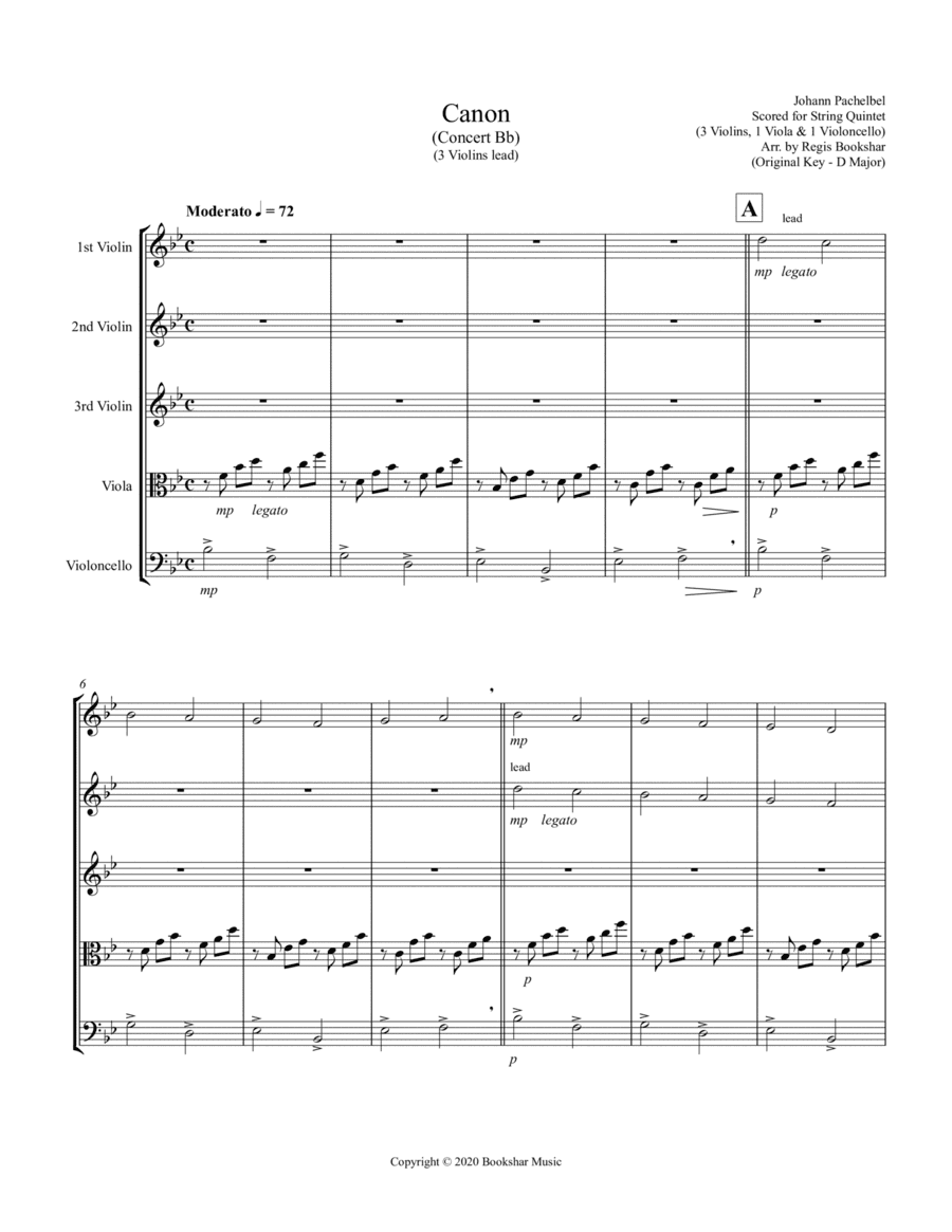Canon (Pachelbel) (Bb) (String Quintet - 3 Violins, 1 Viola, 1 Cello) (arr. Regis Bookshar)