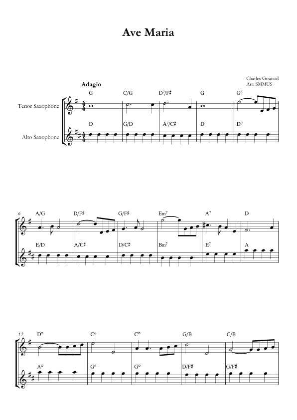 Ave Maria (Bach-Gounod) in F Major for  Tenor and alto saxofone (arr. SMMUS)