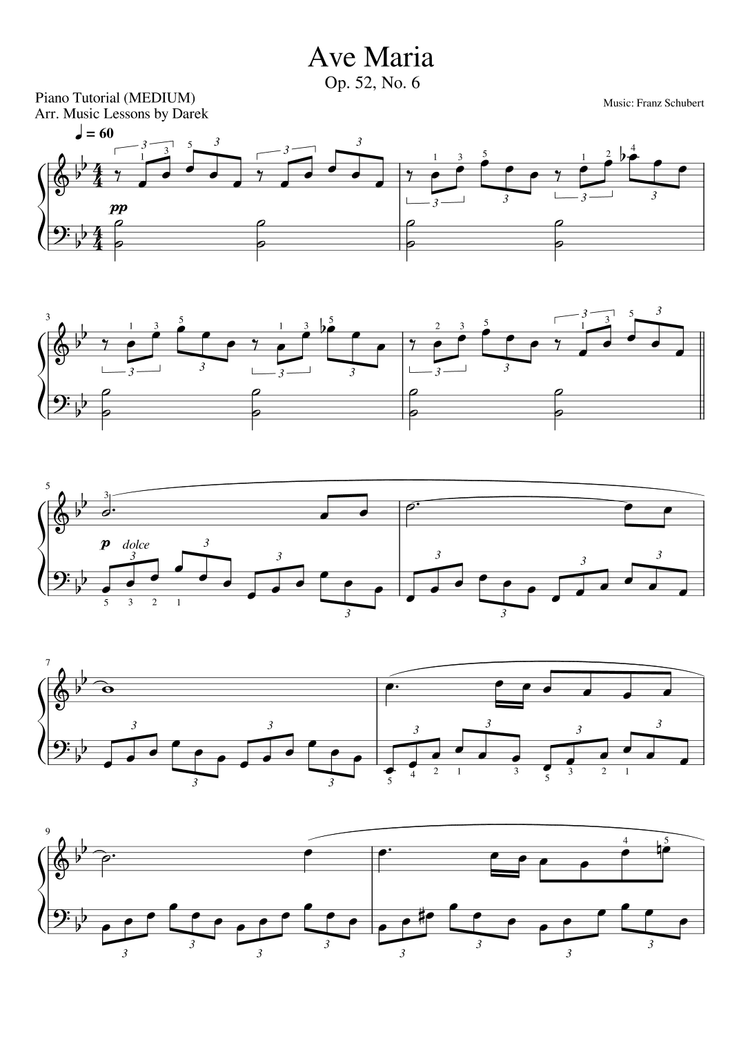 Ave Maria (MEDIUM PIANO) Op. 52, No. 6 [Franz Schubert] (arr. Darek)
