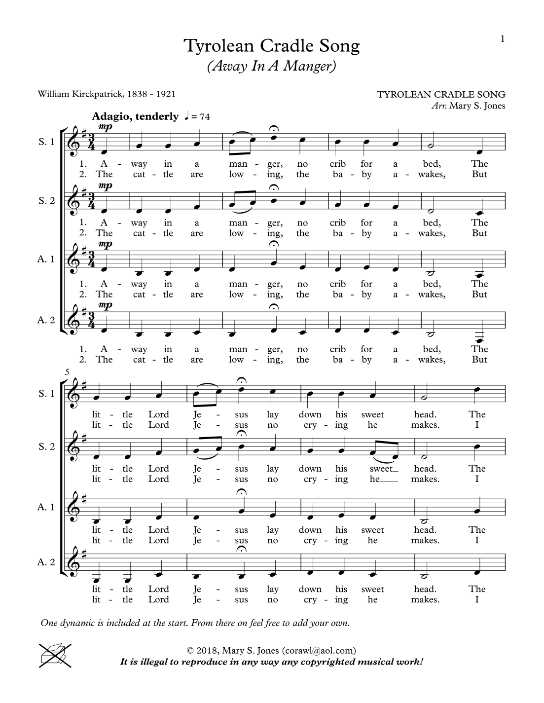 Tyrolean Cradle Song (Away In A Manger) for S.S.A.A a cappella (arr. Mary Jones McGuyer)