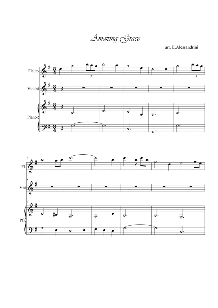Amazing Grace. Flute, violin and piano (arr. Ester Alessandrini)